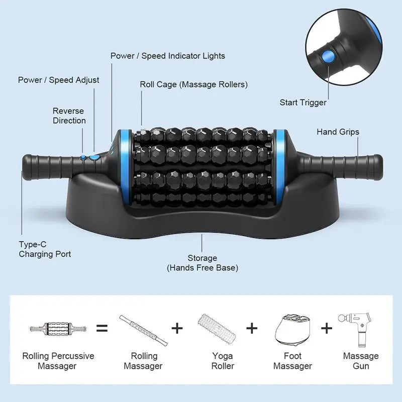 Simples Market cordless roller massager with 360 rolling beads, black body and blue accents, plus accessories