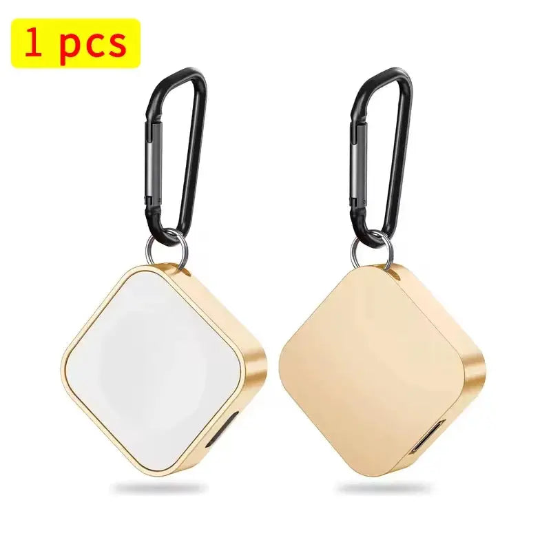 Portable wireless watch chargers; two gold-tone square pucks with black carabiner clips