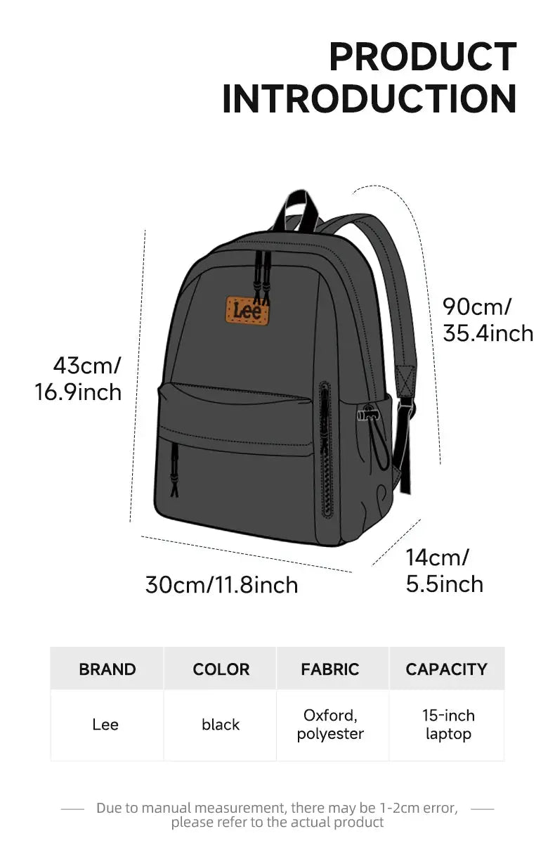 Lee 16-inch laptop backpack in black Oxford polyester for teens and college students.