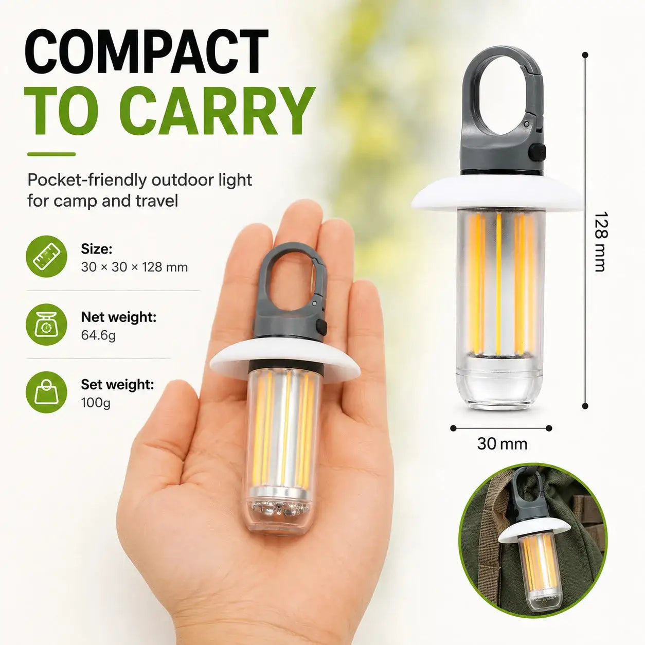 Simples Market LED rechargeable camping lantern with carabiner; compact tent light, gray top, clear body.