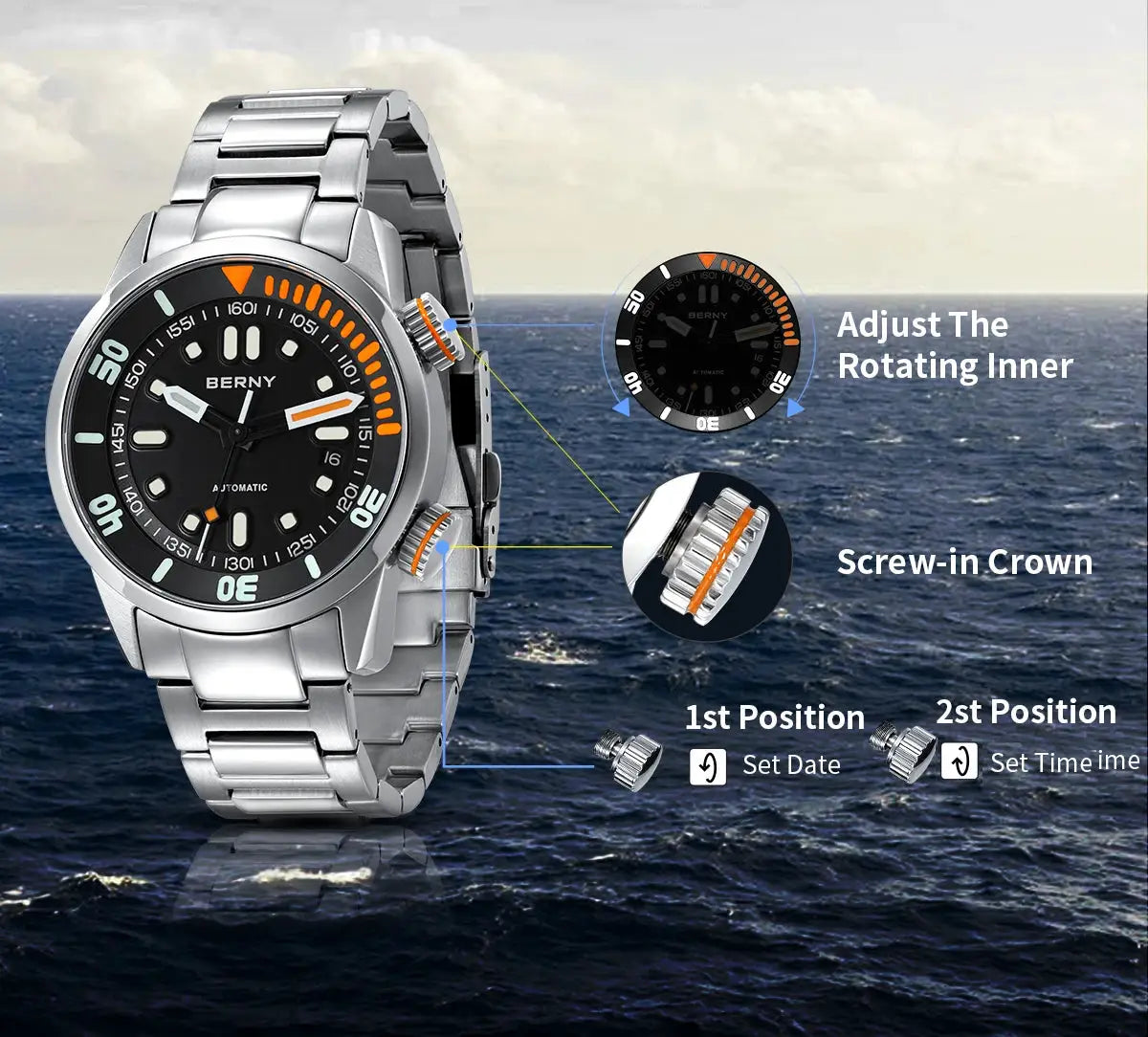 BERNY men's automatic dive watch with stainless steel bracelet, black luminous dial and orange bezel, 20ATM