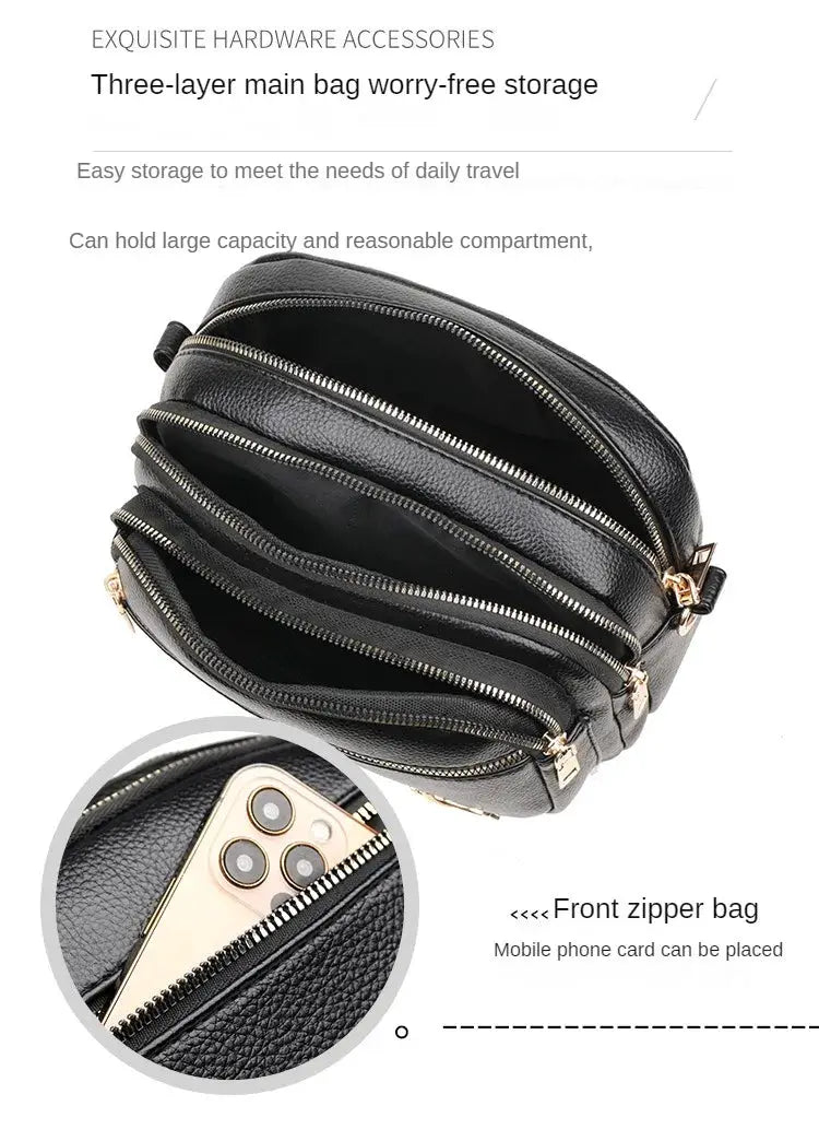 Simples Market black leather purse, a stylish shoulder bag with three zip compartments for daily essentials