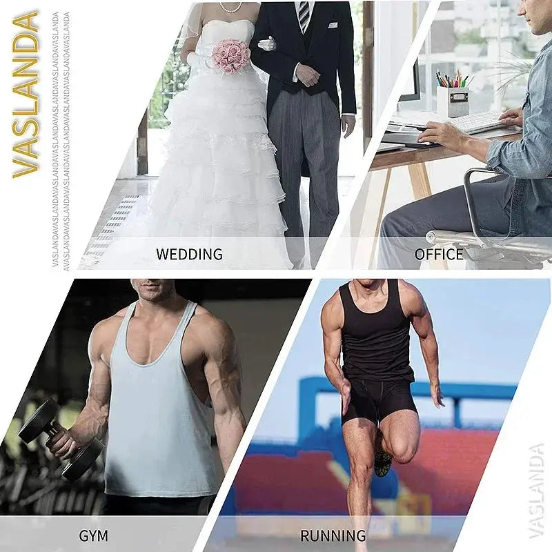 Simples Market men's body shaper waist cincher belt for tummy control; lifestyle collage: wedding, office, gym, running
