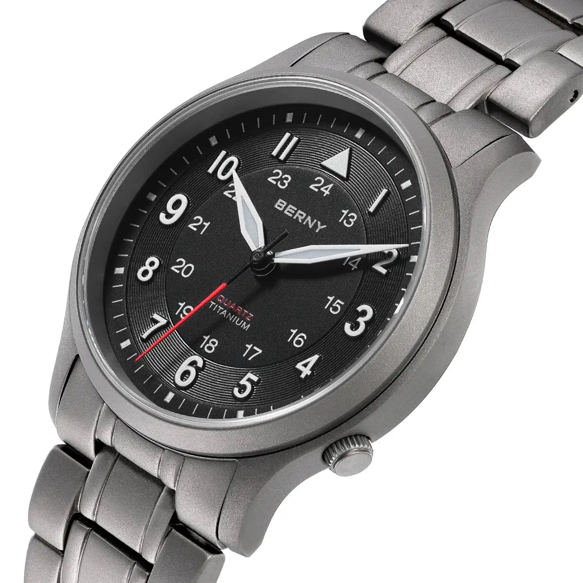 BERNY titanium men's wristwatch with gray metal band and black dial