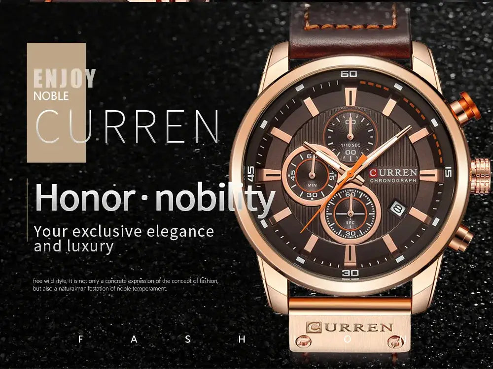 CURREN 8291 men's quartz chronograph watch with brown leather strap and rose gold case.