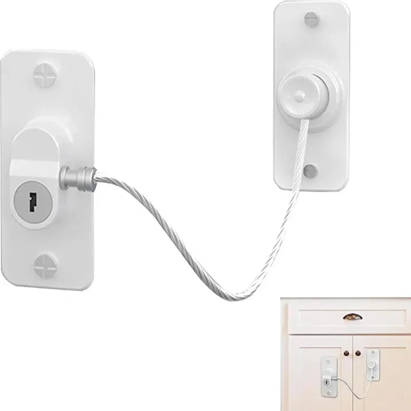 Simples Market white two-piece child safety window lock set with steel cable