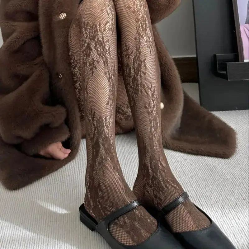 Lolita Sweet Floral Punk Style Colorful Thigh High Tights Hollow Out Mesh Fishnet Design For Women
