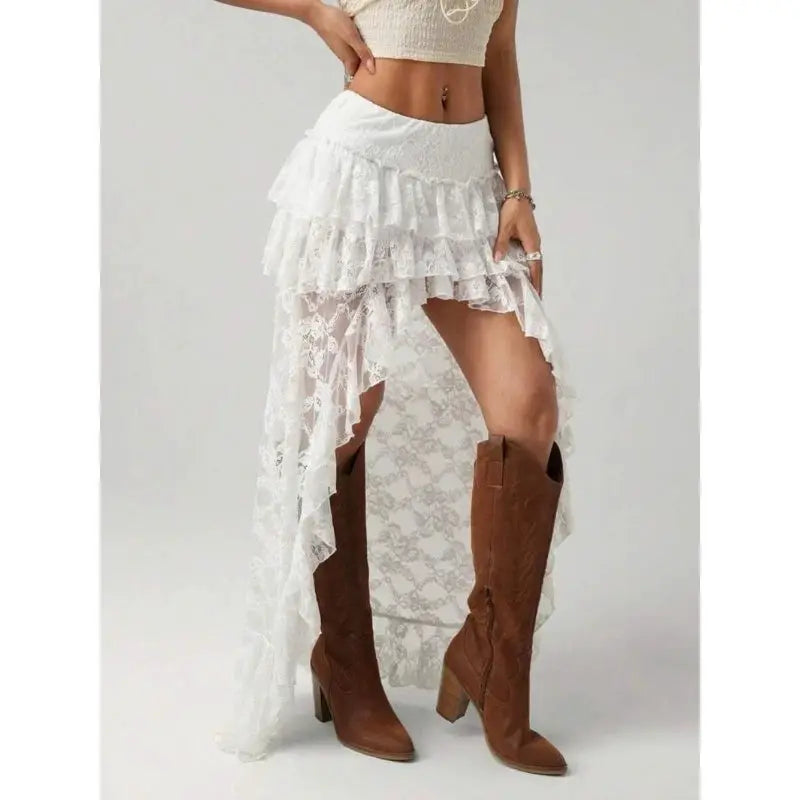 Deeptown Y2k asymmetrical lace tulle skirt for women, white layered boho see-through design with high-low hem