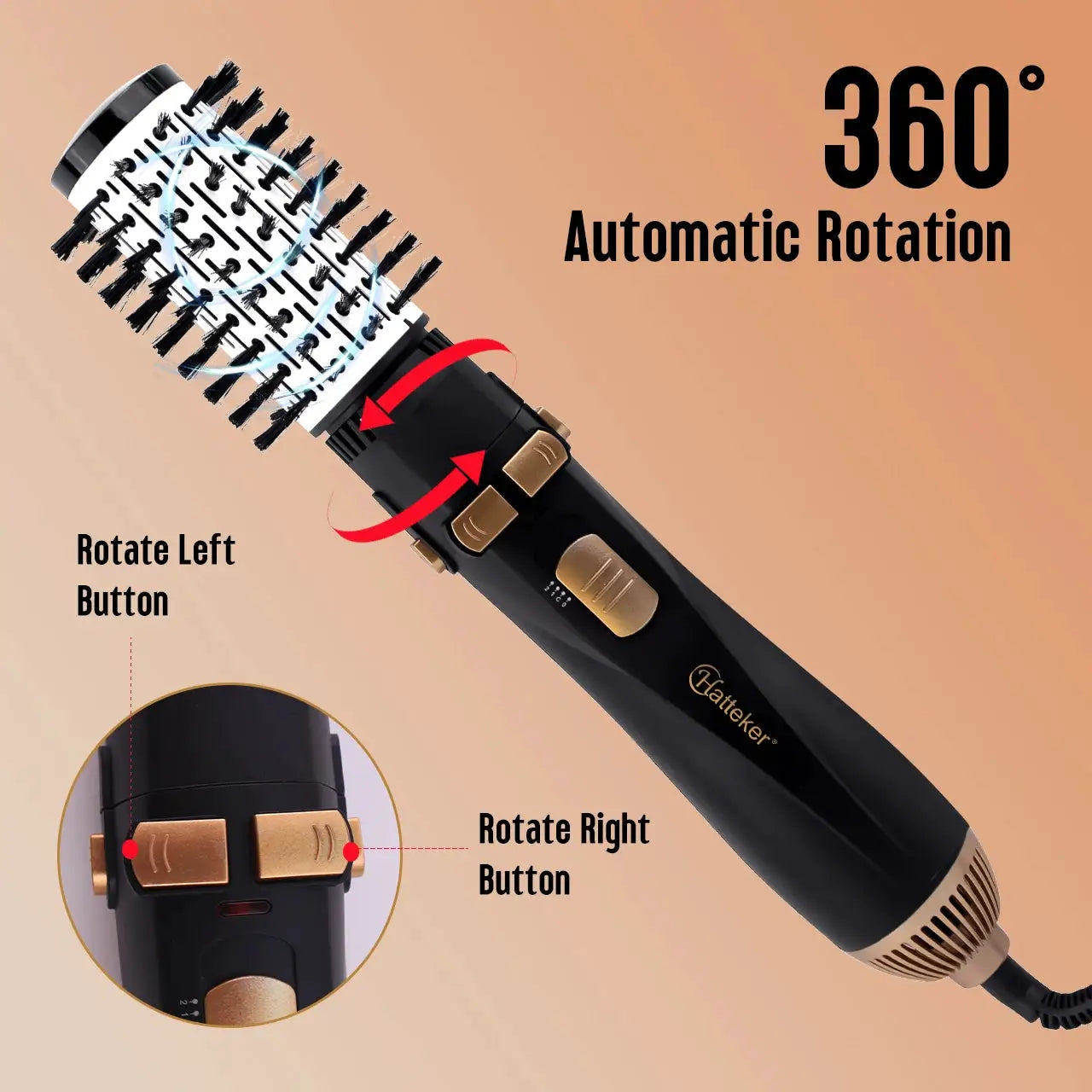 Hatteker black 4-head hot air brush with gold control buttons and 360° rotation