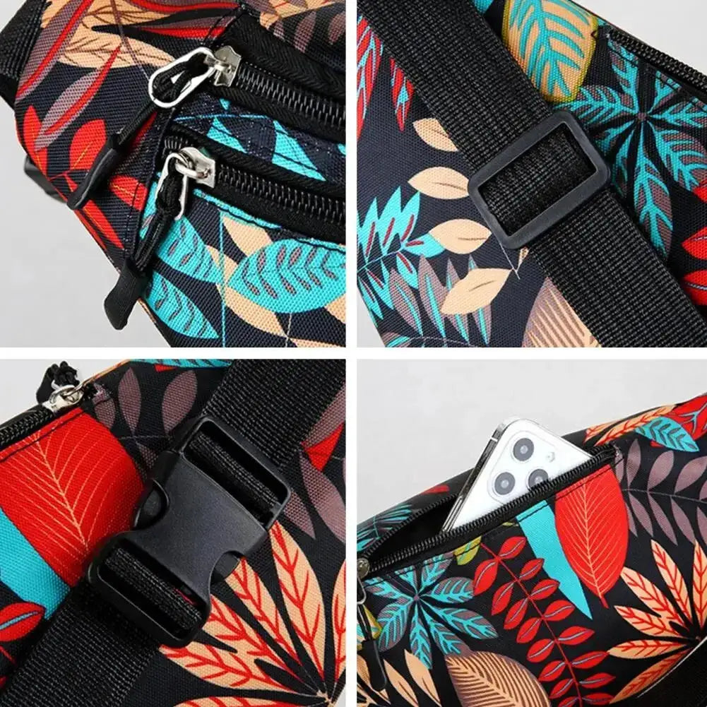 Sports waist pack waterproof running belt with tropical leaf print, adjustable black strap and zip pockets