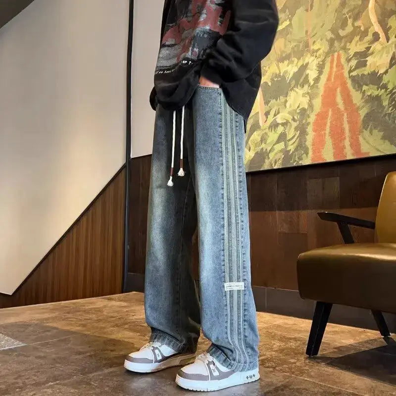 Three-bar American retro jeans by Simples Market, elastic waist, loose straight-leg denim in blue.