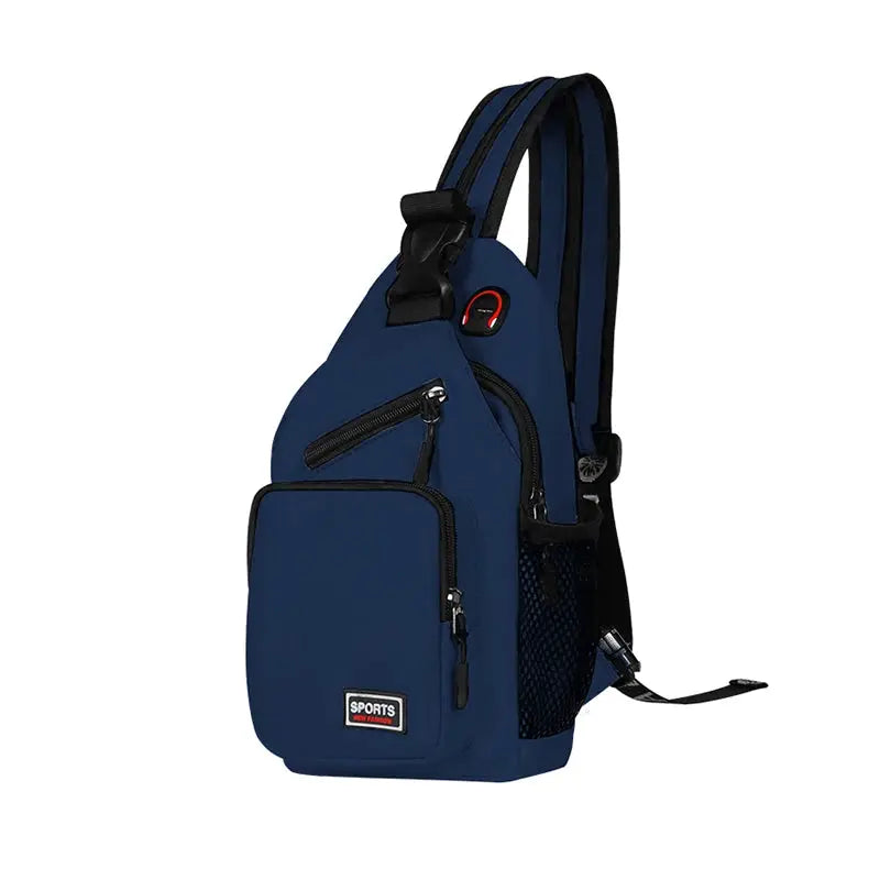 Blue Oxford chest bag backpack for women with multiple zip pockets, earphone hole and adjustable straps