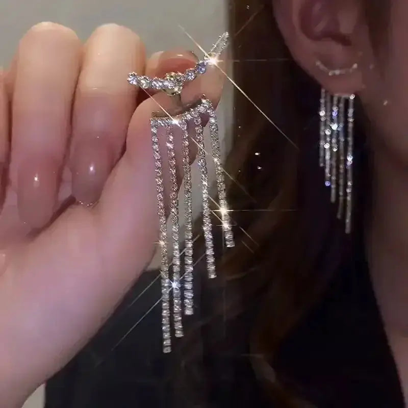 Punk geometric zinc alloy earrings with crystal fringe, long drop style in silver tone