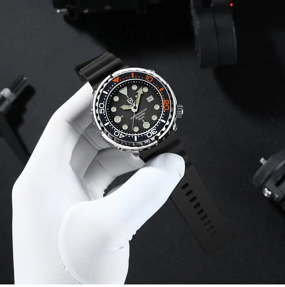QINGXIYA men's sport watch with black silicone strap, luminous dial and date window