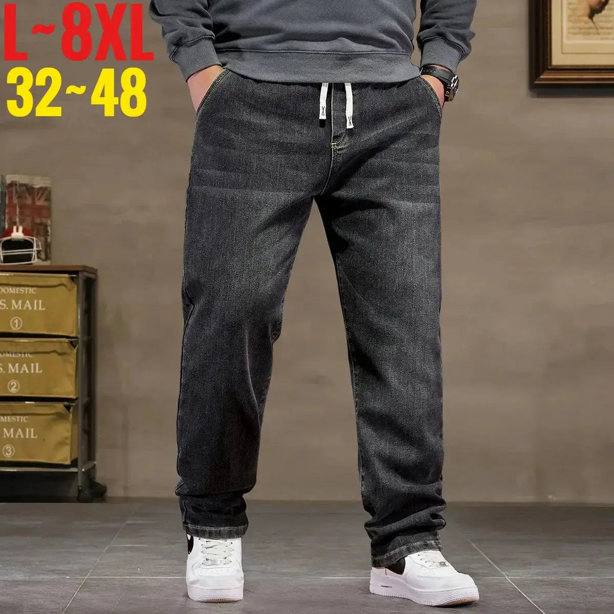 Men's extra-big baggy denim jeans with elastic waistband, black wash, drawstring, 8XL