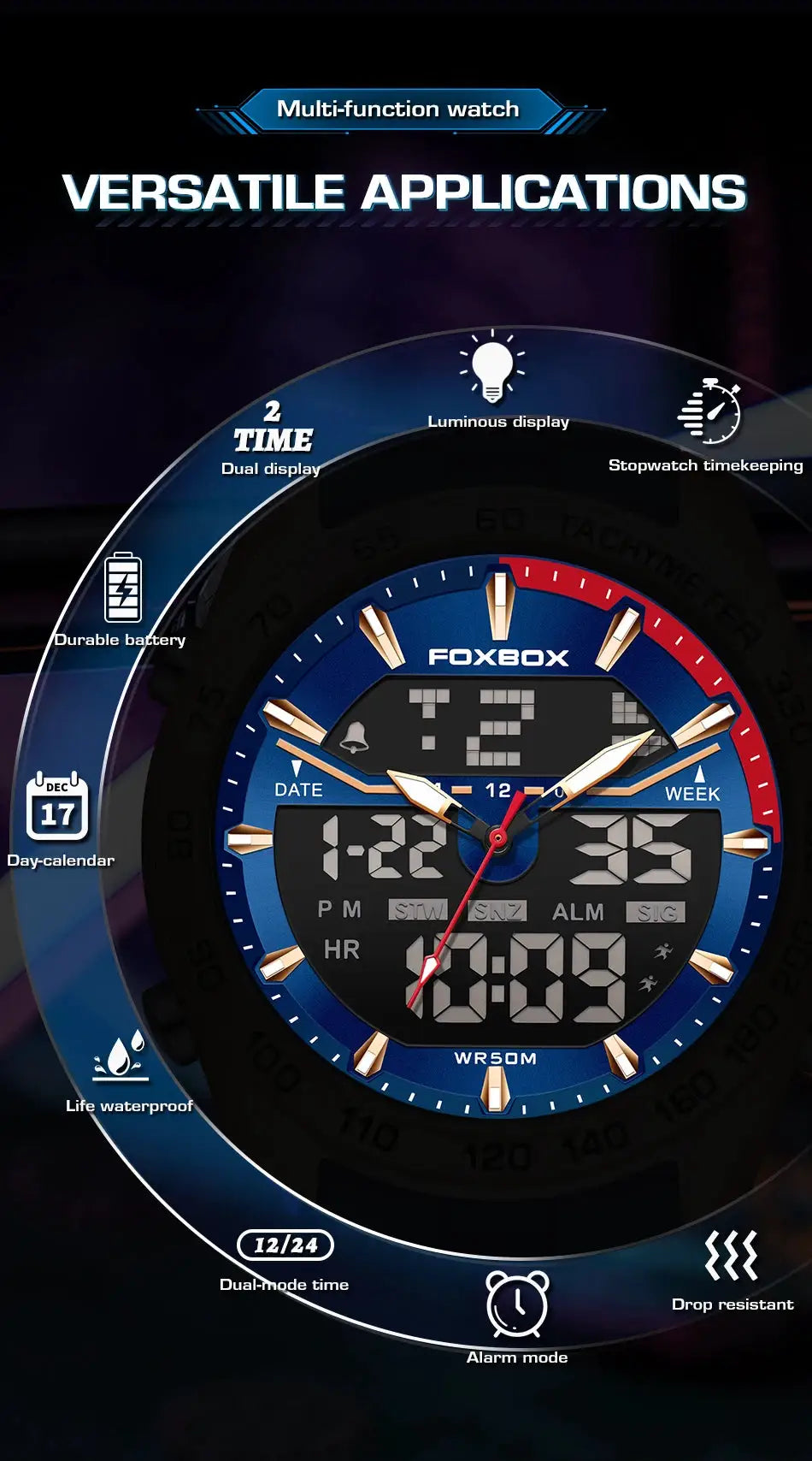 FOXBOX luxury digital watch for men by Simples Market, blue dial, dual display, 30m waterproof.