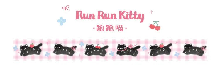 Run Run Kitty decorative adhesive tape with black cats on pink gingham, 1 roll for scrapbooking