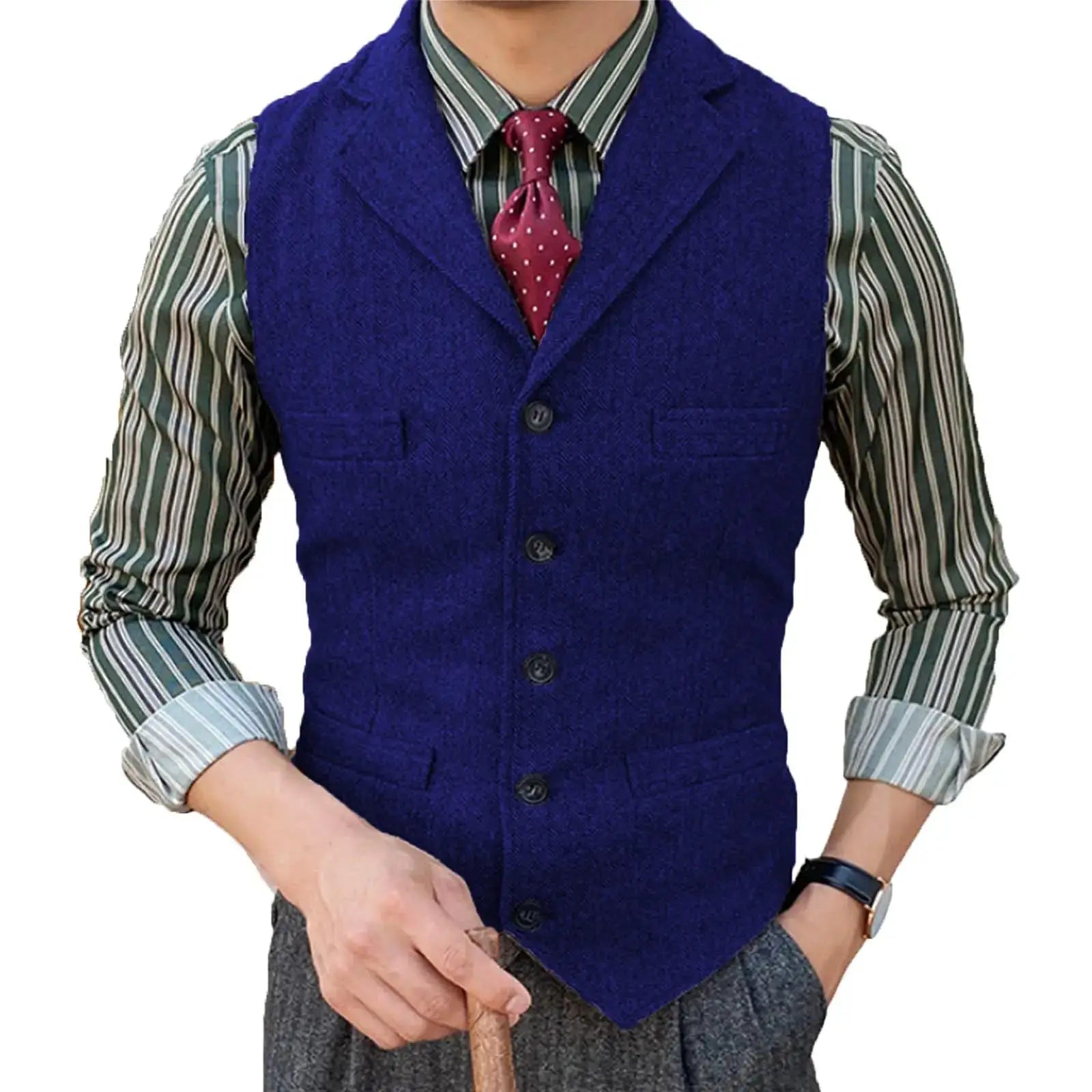 Mens blue wool herringbone vest with lapel and V-neck, worn over striped green shirt and polka-dot red tie.