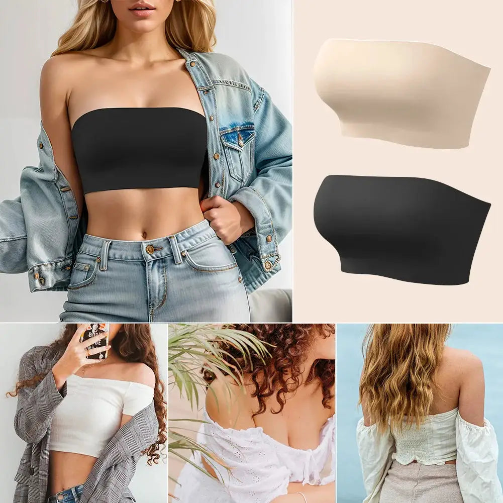 Sexy seamless strapless tube top bra by Simples Market; black, ultra-thin silicone, non-slip 6-piece set