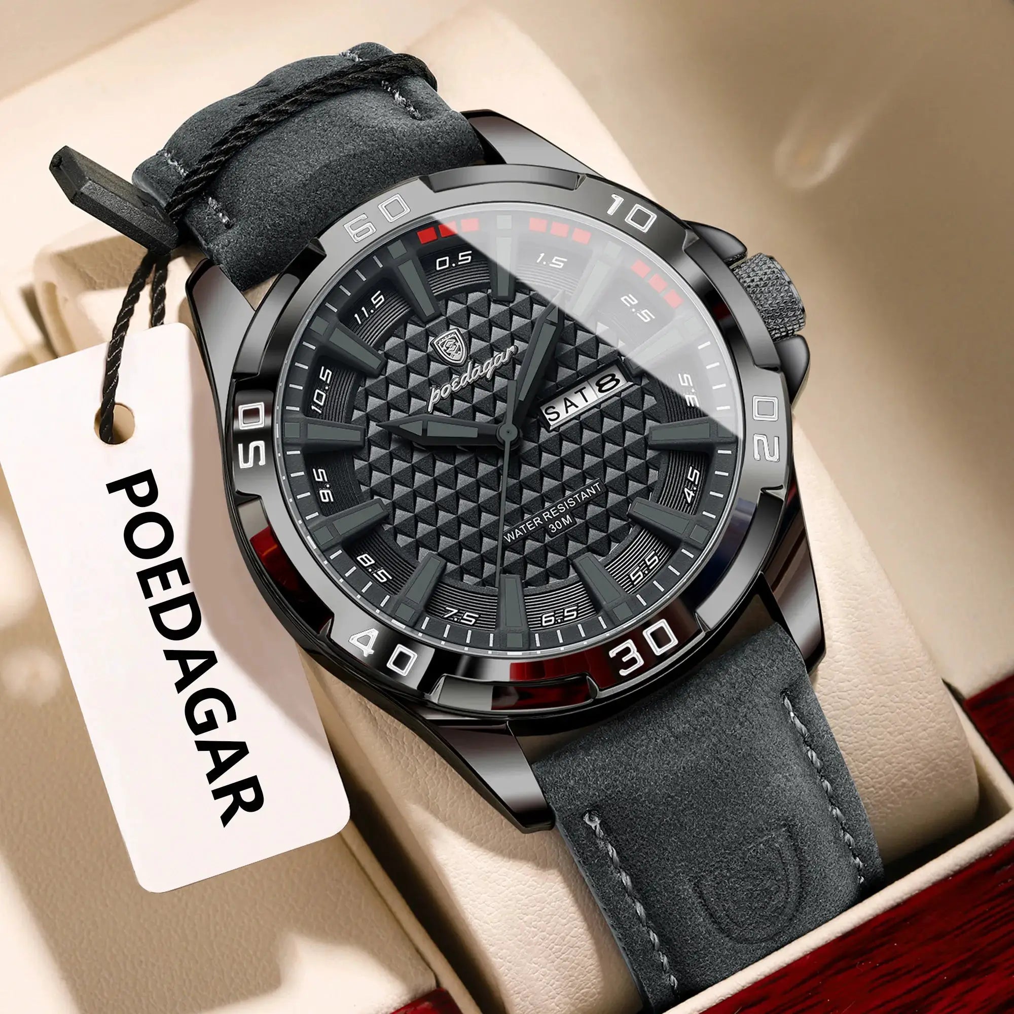 POEDAGAR Original Mens Luxury Waterproof Quartz Watch With Leather Strap Luminous Hands Date And Week Display