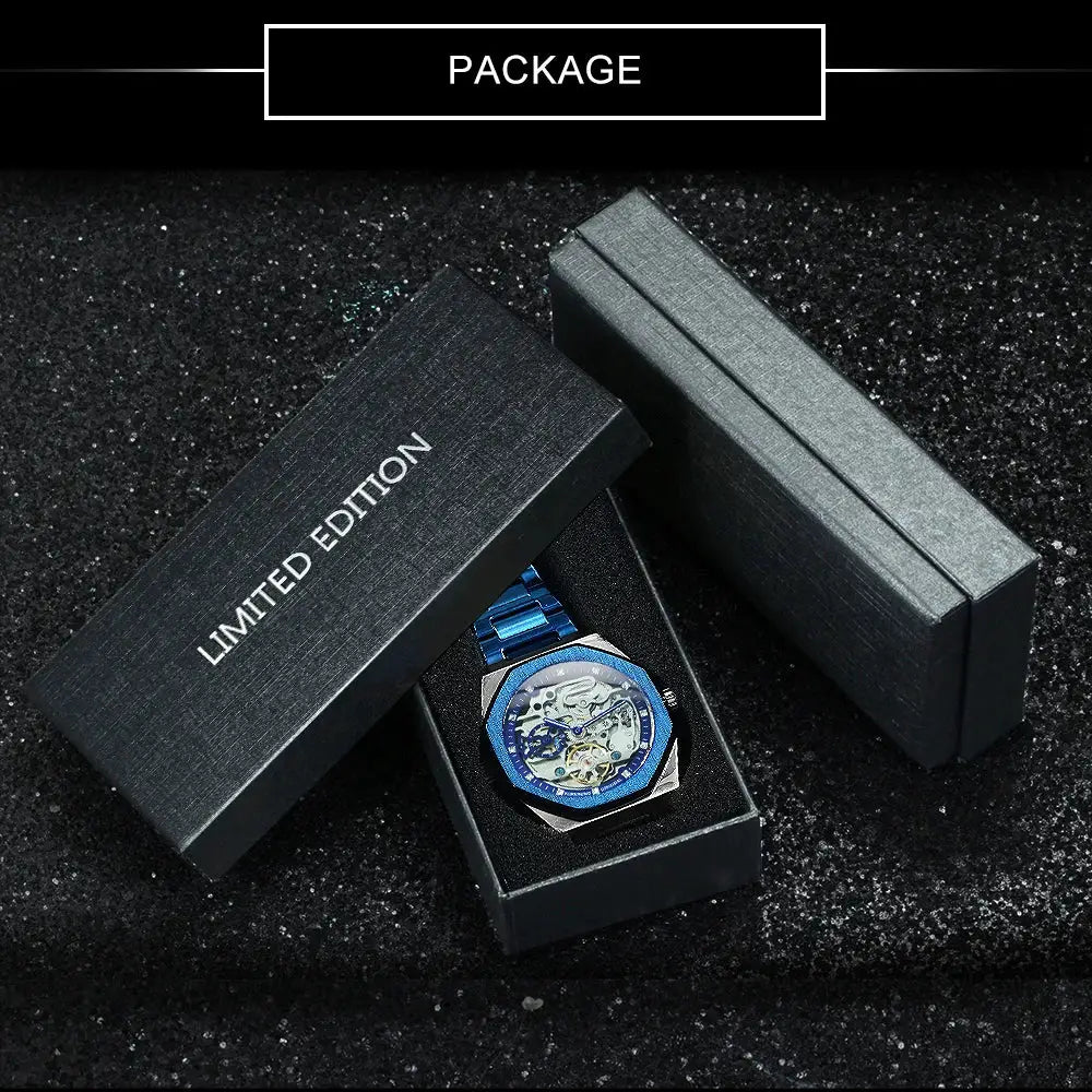 Forsining men's automatic skeleton watch with blue stainless steel strap in limited edition box