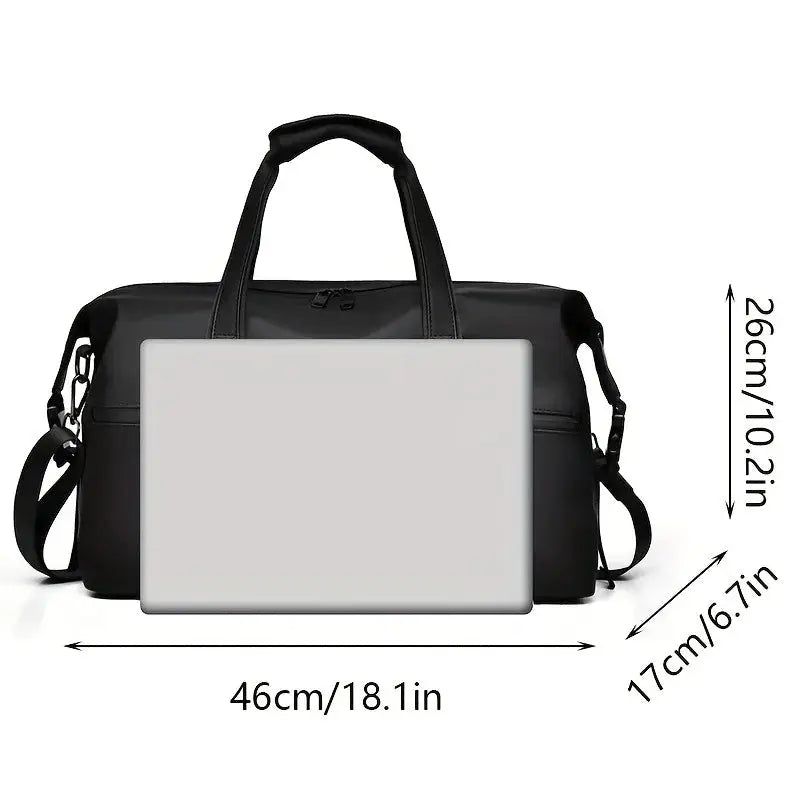 Large-capacity Simples Market travel duffel bag in black with top handles and detachable strap, ideal for sports