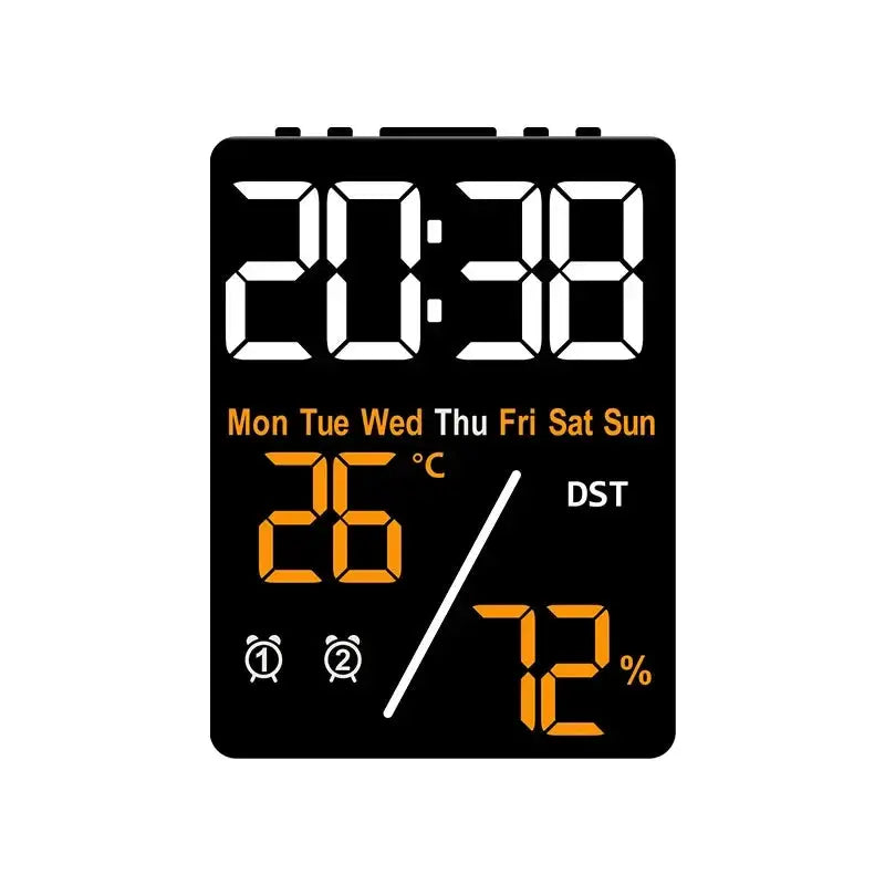 Multifunctional large-screen digital alarm clock with humidity display, black body, white time digits, orange indicators
