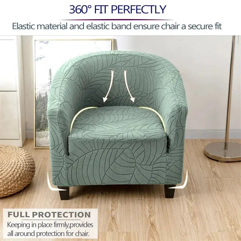 Elastic club chair cover in teal-green leaves jacquard pattern for a single armchair