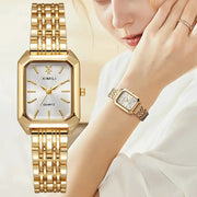 Gold-tone rectangle women's quartz watch with steel band; two XIMILI watches shown.