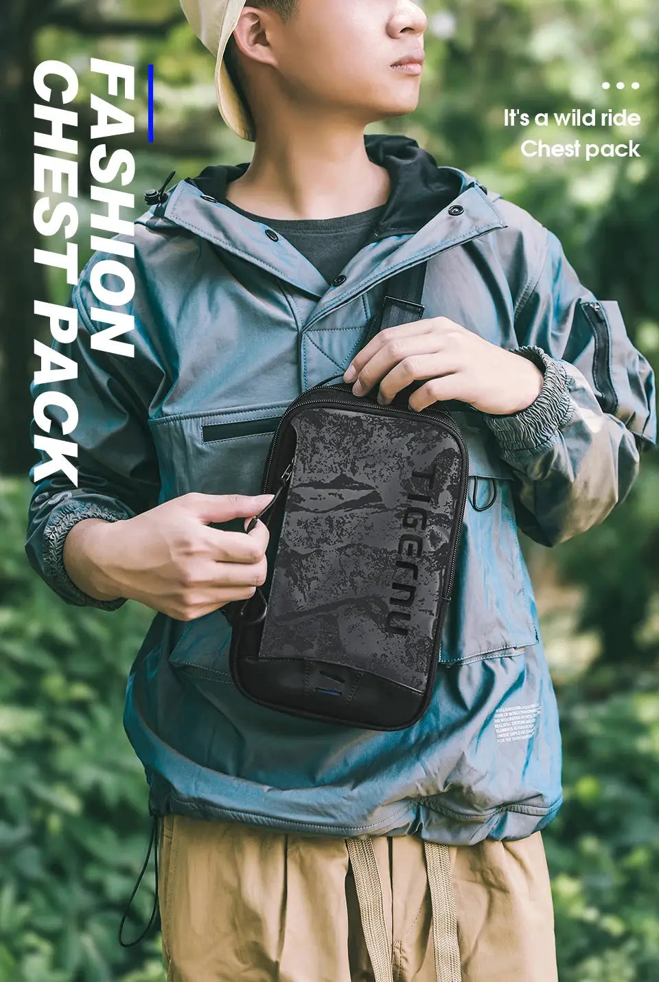 Tigernu chest bag for men in gray camouflage with black trim, compact crossbody bag by Simples Market.