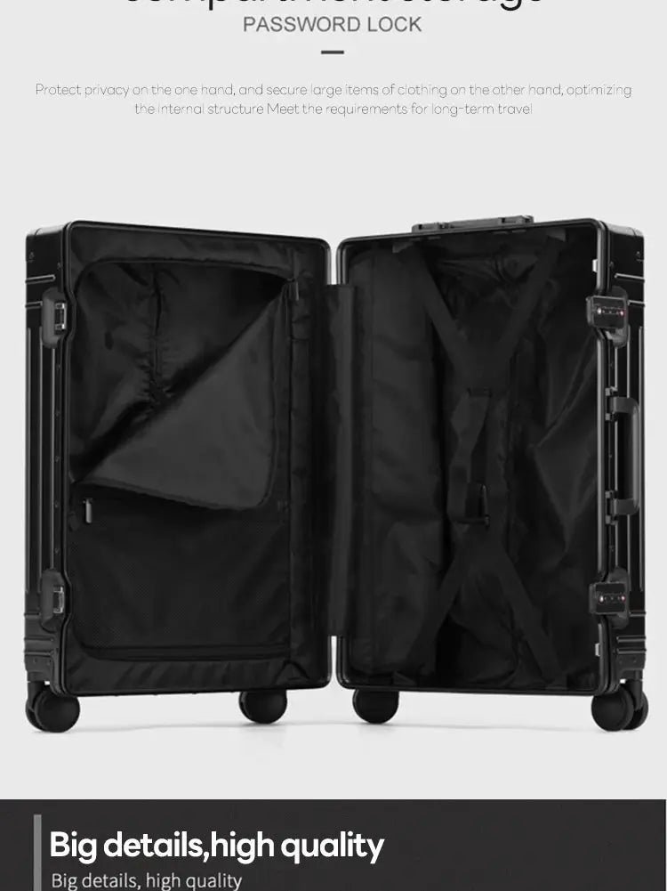 Aluminum-magnesium travel suitcase by Simples Market, black rolling luggage with interior pockets, 20/24/28in