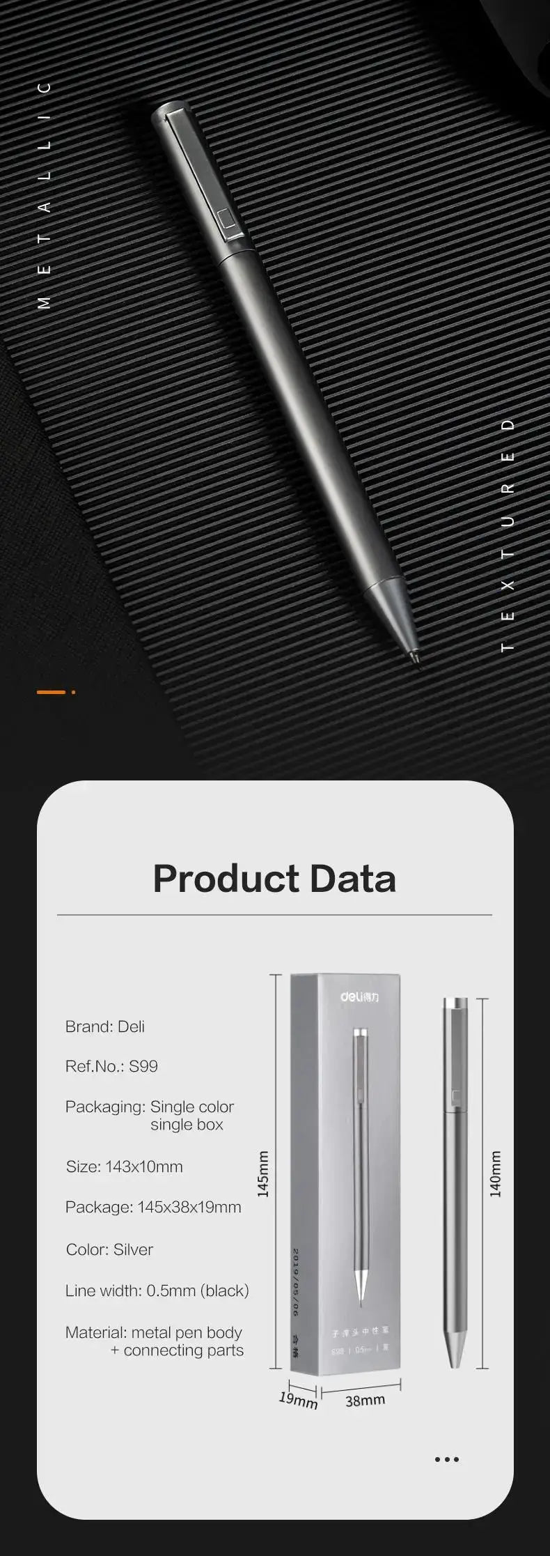 DELI metal gel pen, silver color, 0.5mm tip, Simples Market brand