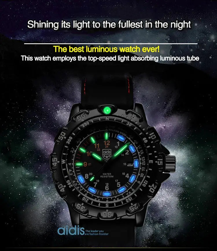 Military wristwatch by aidis with black strap and luminous green/blue markers, water resistant
