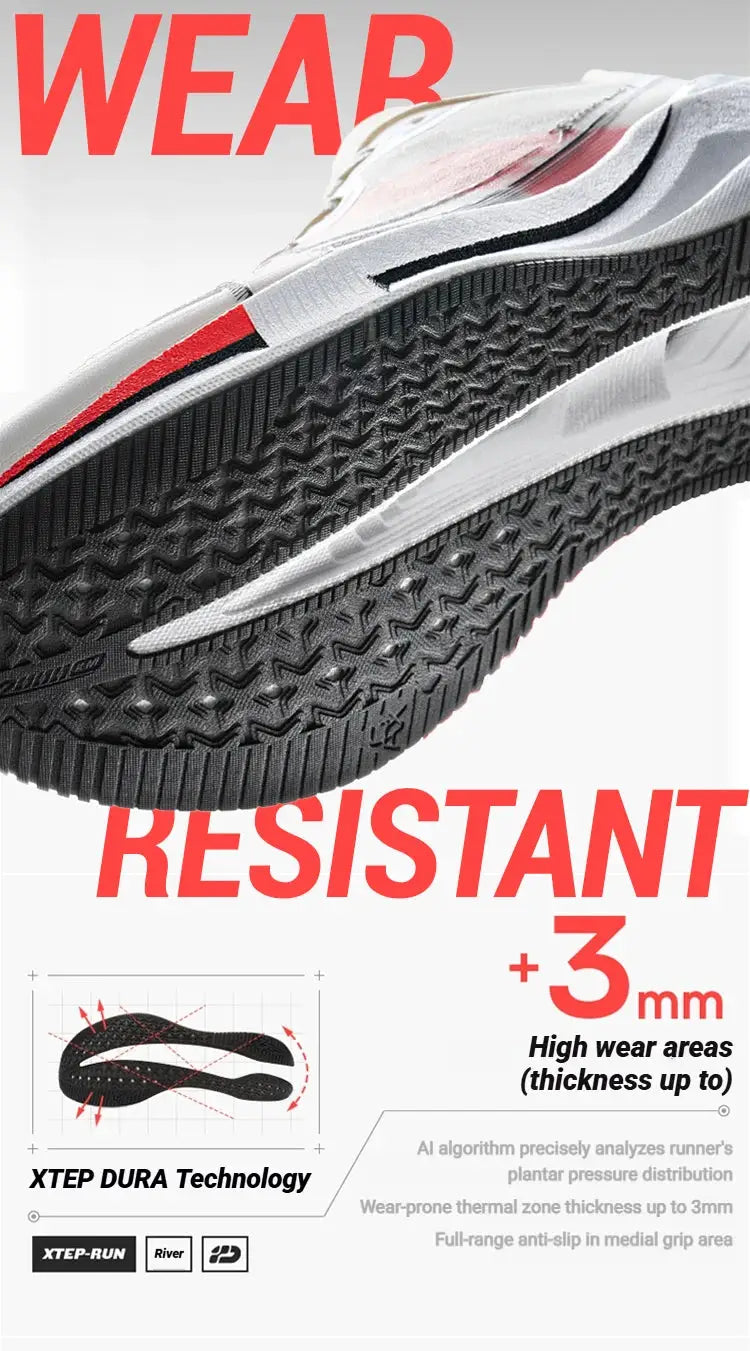 XTEP running shoes, white with red accents, DURA Technology and wear-resistant sole