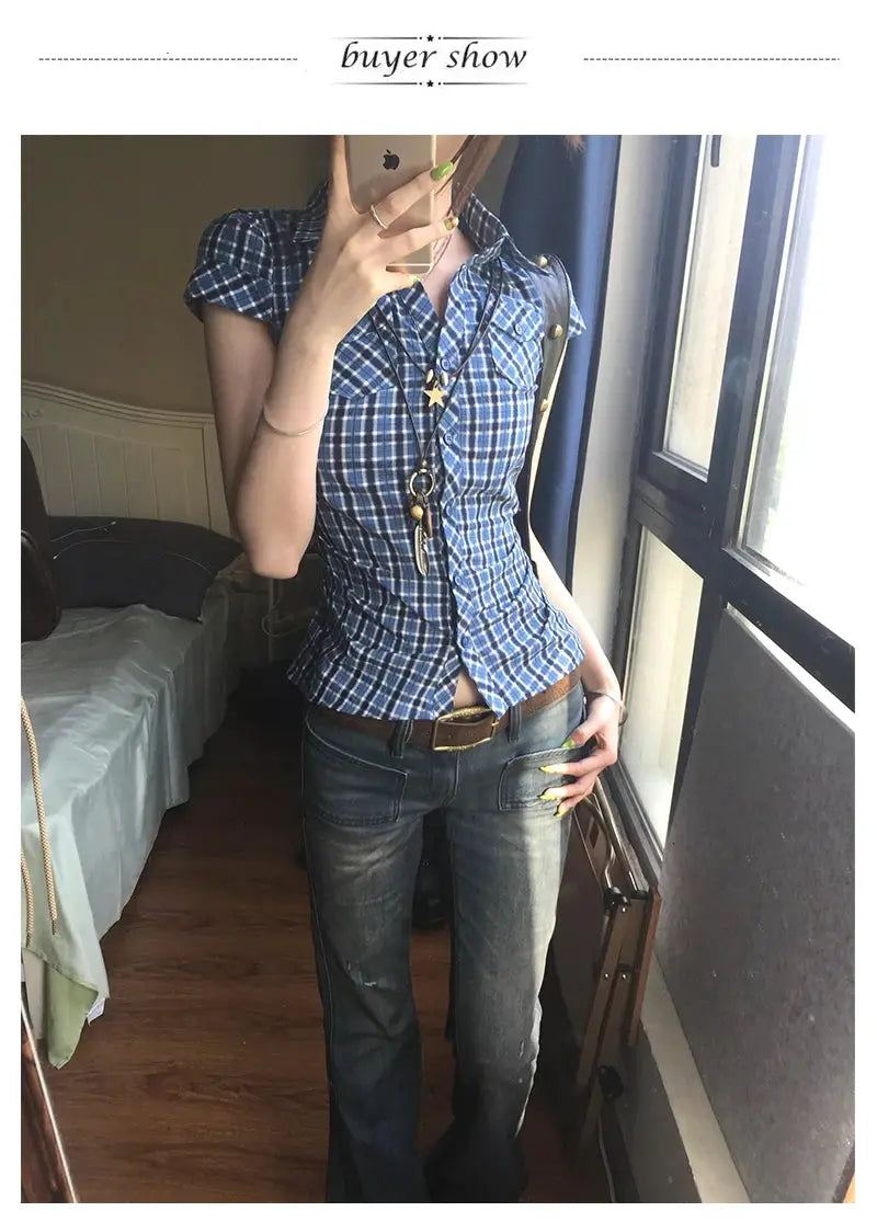 Karrram blue plaid women's short-sleeve shirt, vintage Harajuku Y2K style from Simples Market