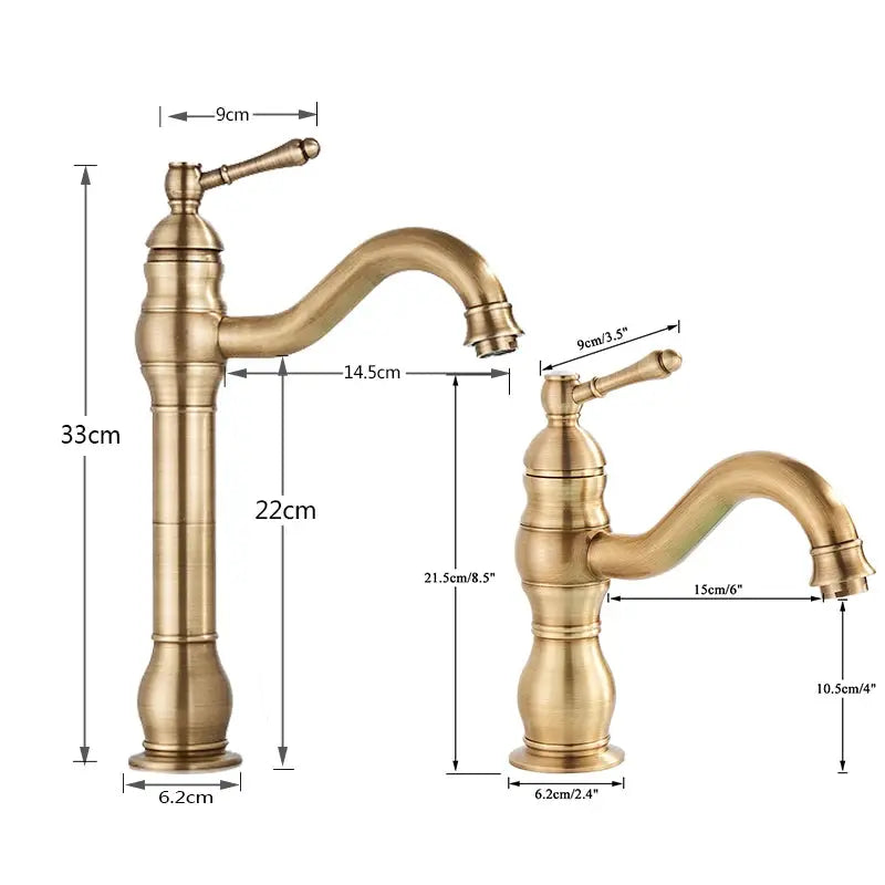 Pair of antique brass basin vessel sink faucets, deck-mounted single-hole hot and cold mixer taps by Simples Market