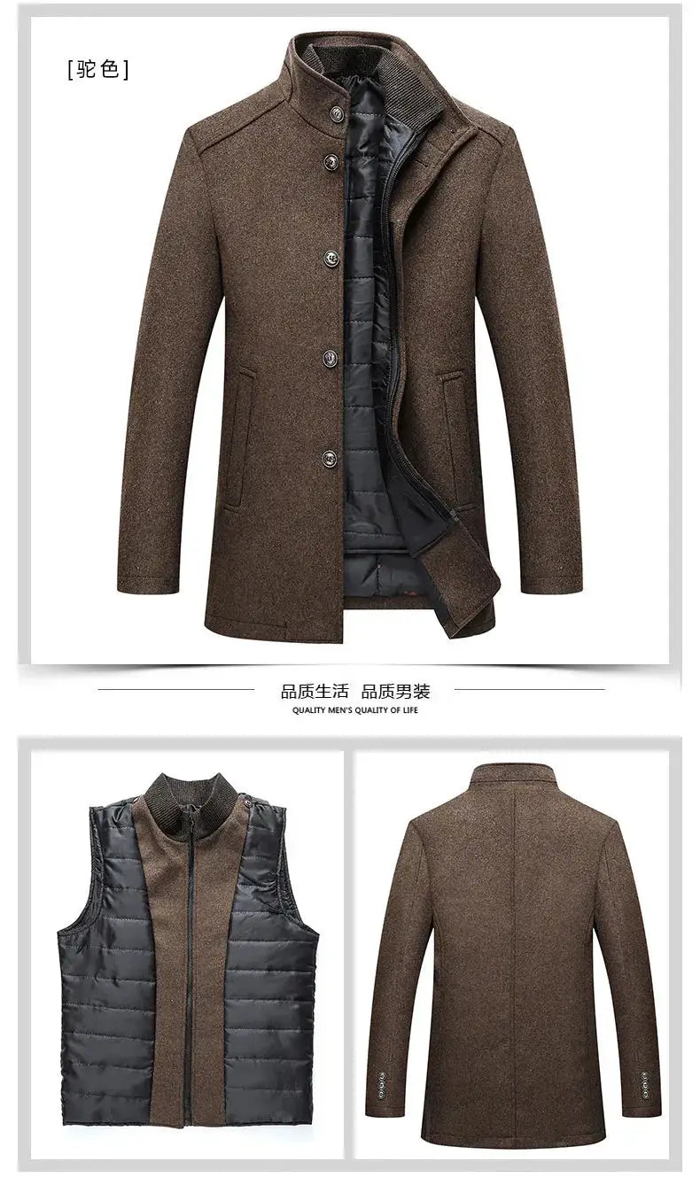 Simples Market men's brown wool trench coat with black quilted lining; 2 pieces shown: coat and quilted vest.