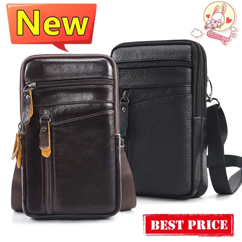 Simples Market two genuine leather waist packs for men with phone pouches, brown and black crossbody bags