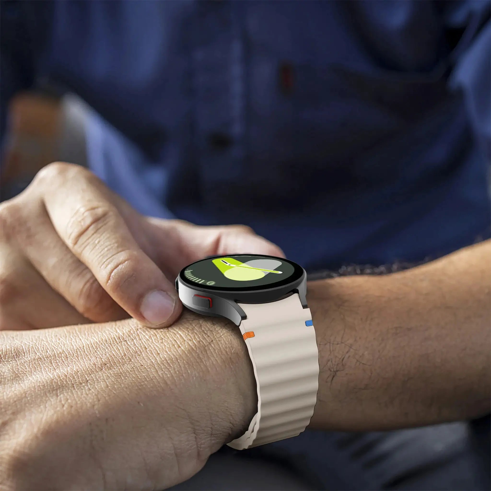 Silicone sport strap for Samsung Galaxy Watch (44/40mm); white band with orange and blue accents.