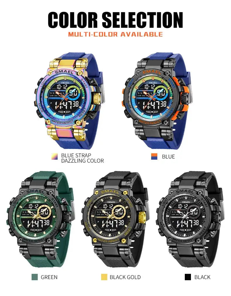 SMAEL 8141 men's digital sport watch with alloy case and TPU strap; six color variants displayed.