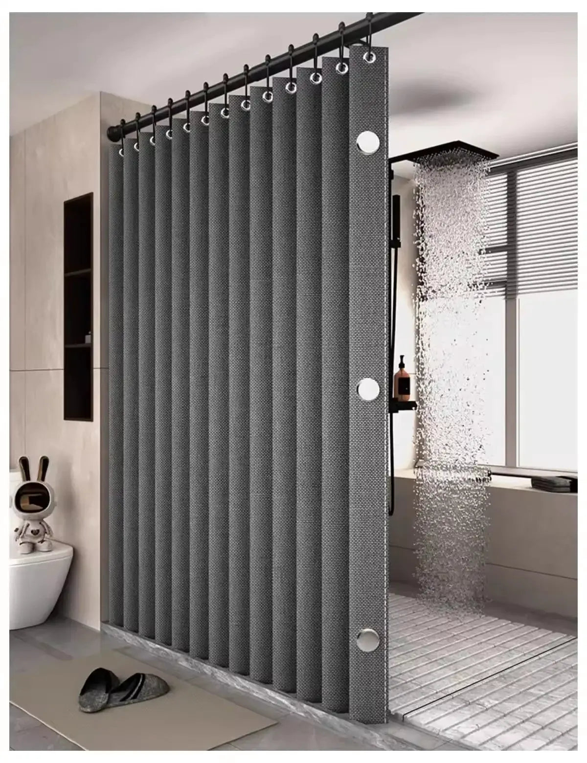 Magnetic foldable linen bath curtain by Simples Market, dark gray, waterproof for walk-in shower