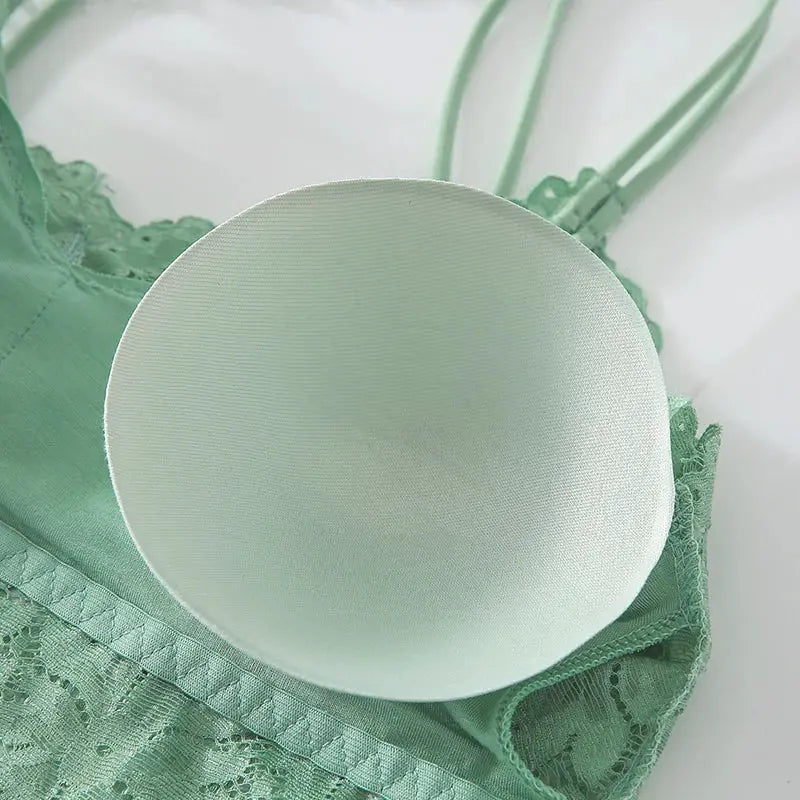Simples Market mint green lace bralette with scalloped trim, wireless and adjustable straps