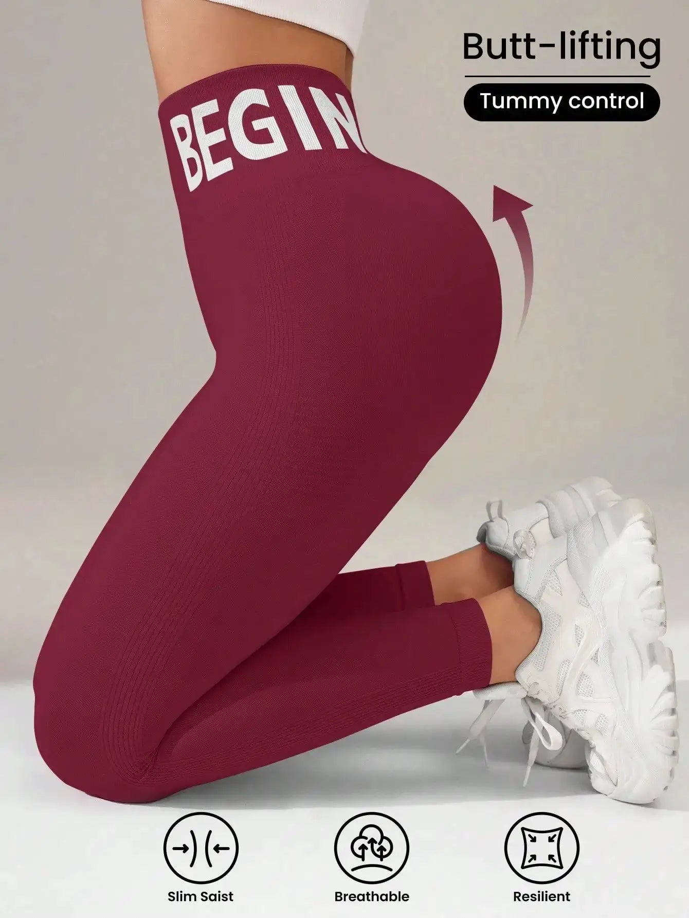 Seamless yoga leggings in burgundy with BEGIN waistband; butt-lifting, breathable, quick-dry Simples Market.