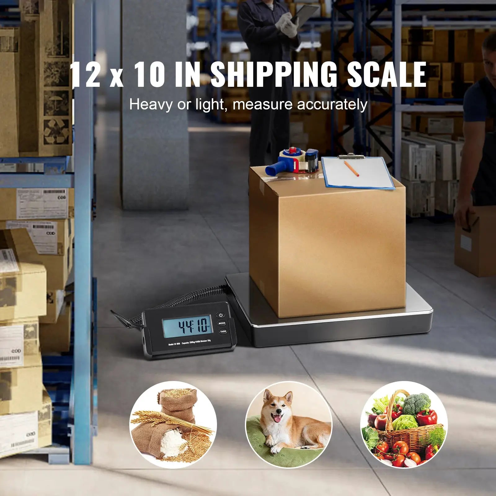Digital shipping scale with 440 lb capacity and HD LCD display, black platform with a box in a warehouse.