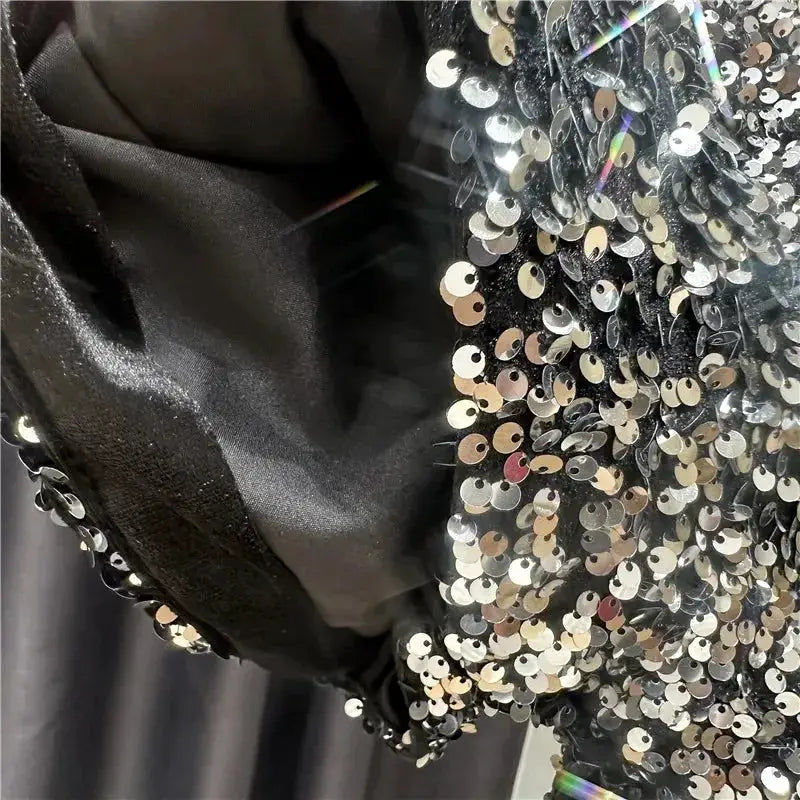 Black velvet sequin shorts by Simples Market for women, shiny silver embellishments, clubwear hot pants.