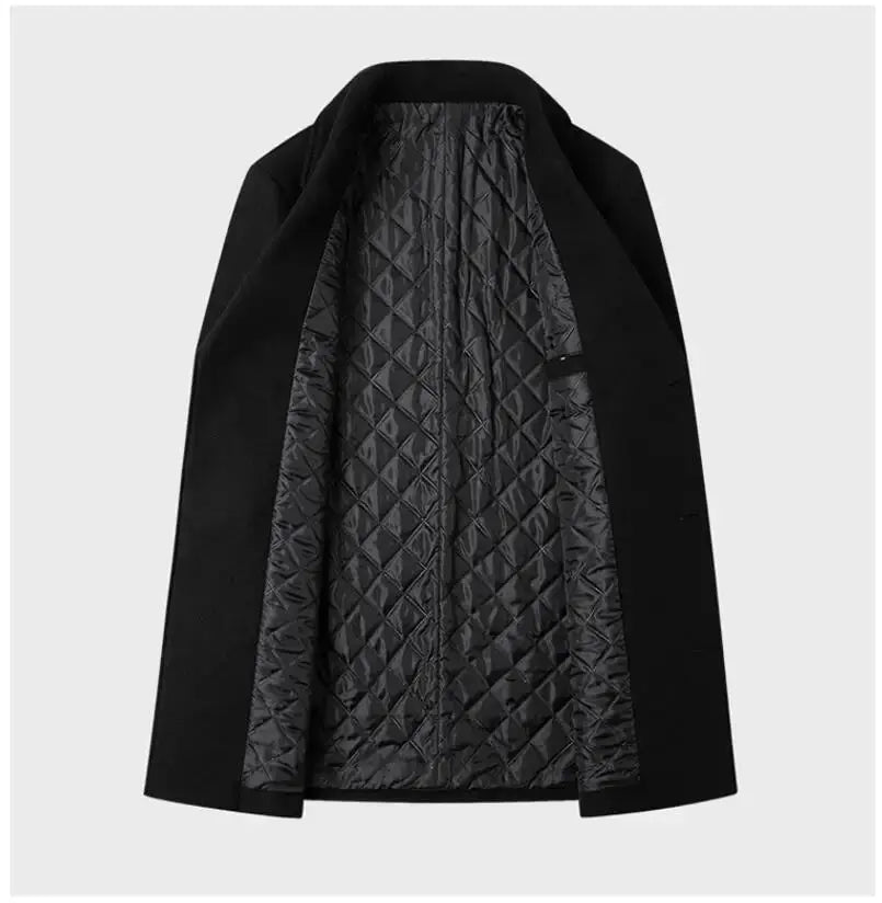 Men's black double-breasted wool overcoat by Simples Market with quilted lining.