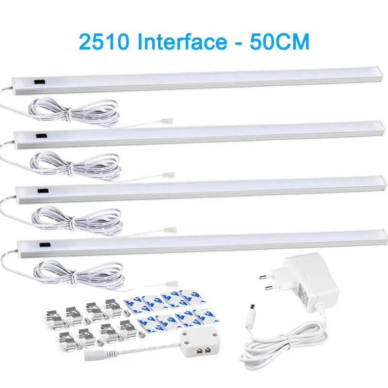 LED under-cabinet light kit with five 50cm slim white bars, power adapter and mounting clips