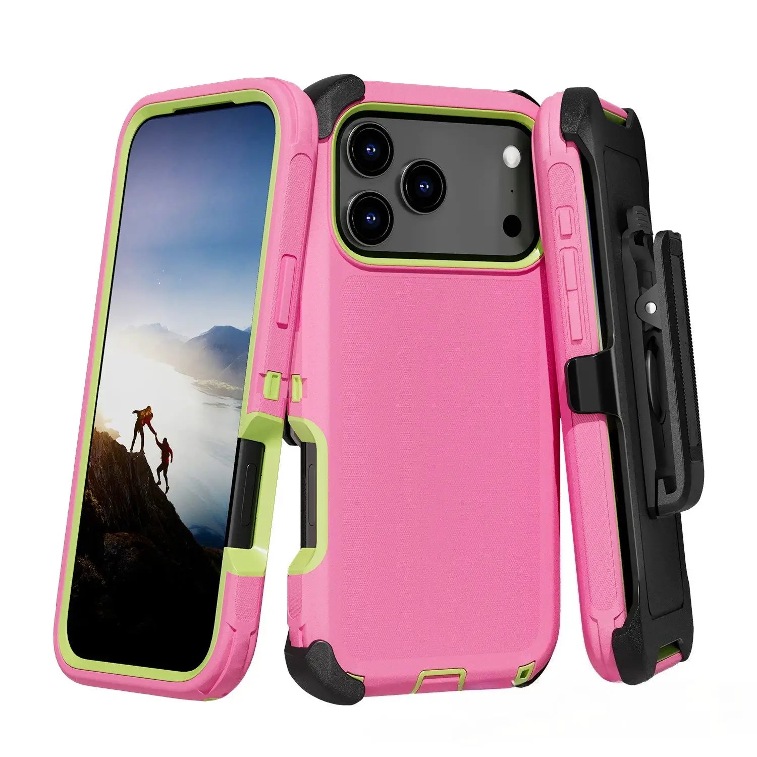 Simples Market rugged shockproof phone case with belt clip; pink and lime green armor shell for iPhone Pro Max
