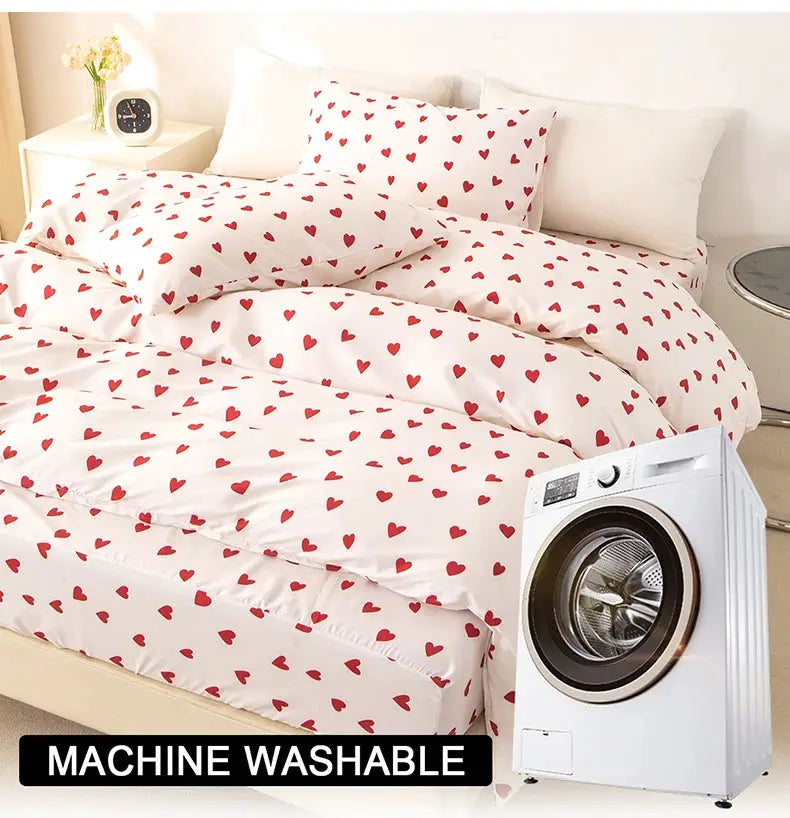 Simples Market 3pc heart-print duvet cover set; includes 1 duvet cover and 2 pillowcases, white with red hearts