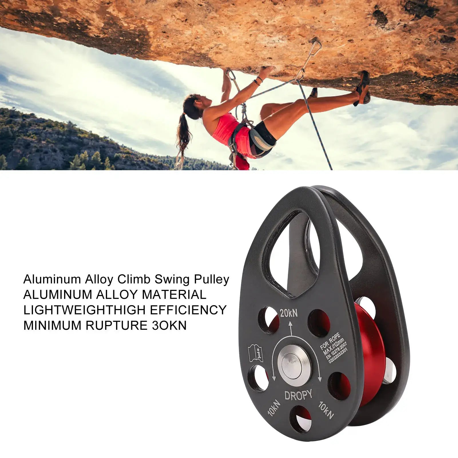 Simples Market portable climbing pulley, aluminum alloy, black and red single fixed swing pulley, 20KN rating